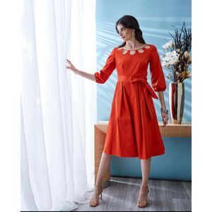 Elie Tahari Orange Midi Knee Length Fit Flare Pockets Belted Cotton Dress Size 6